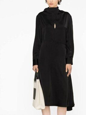 Jil Sander Fluid Viscose Long Sleeve A-Line Dress in Black Size 6 NWT